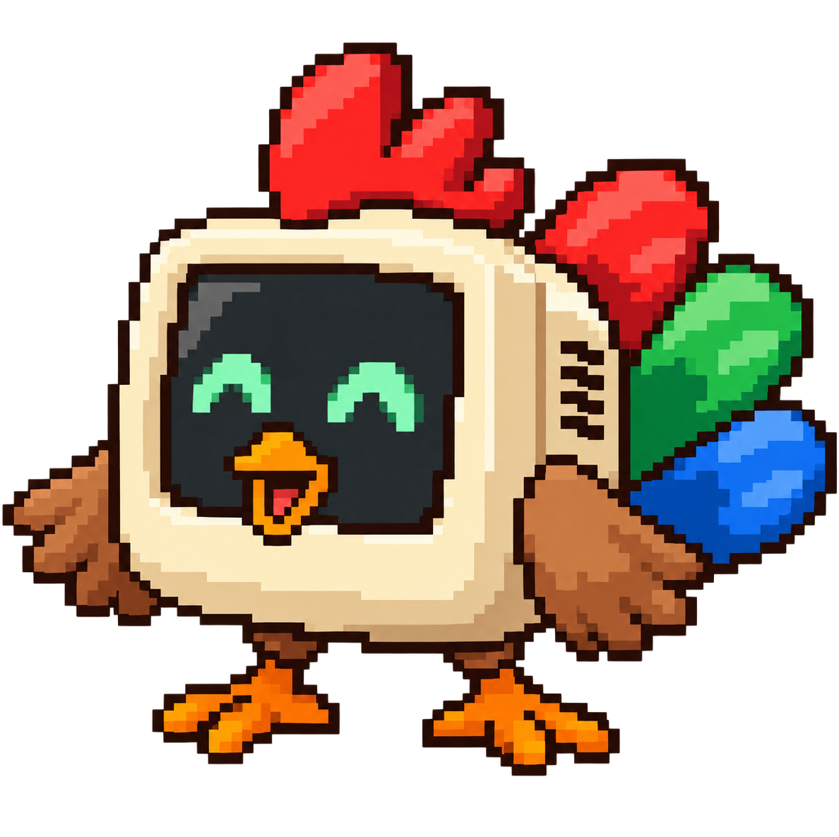 Chirky mascot: a smiling chicken with a CRT monitor body and colourful tail feathers.